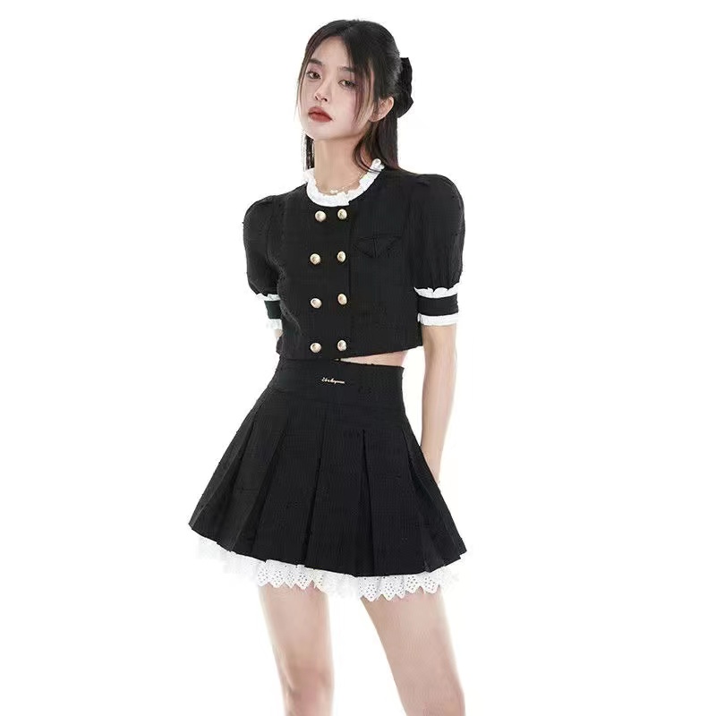 Cổ Phiếu Sẵn Sàng❣Ah F &amp; X Bộ Đồng Phục JK Váy Chữ a Xếp Ly Hai Lớp Màu Đen Thời Trang Mùa Hè Phong Cách Preppy