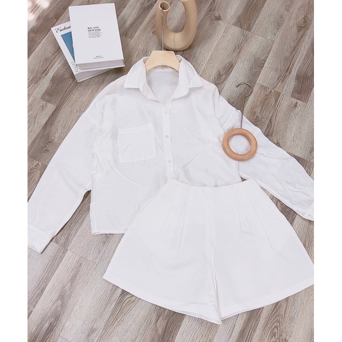 Set áo sơ mi đũi và quần trắng thời trang nữ cực xinh