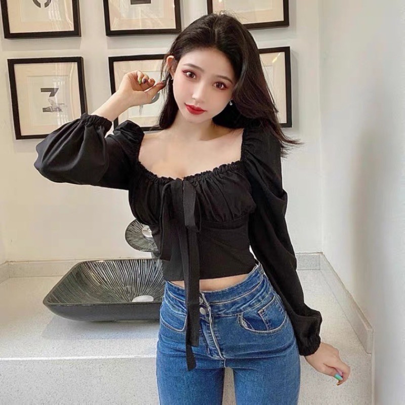 [Có sẵn+ảnh thật] Áo sơmi thắt nơ ngực croptop bèo nhún sexy | BigBuy360 - bigbuy360.vn