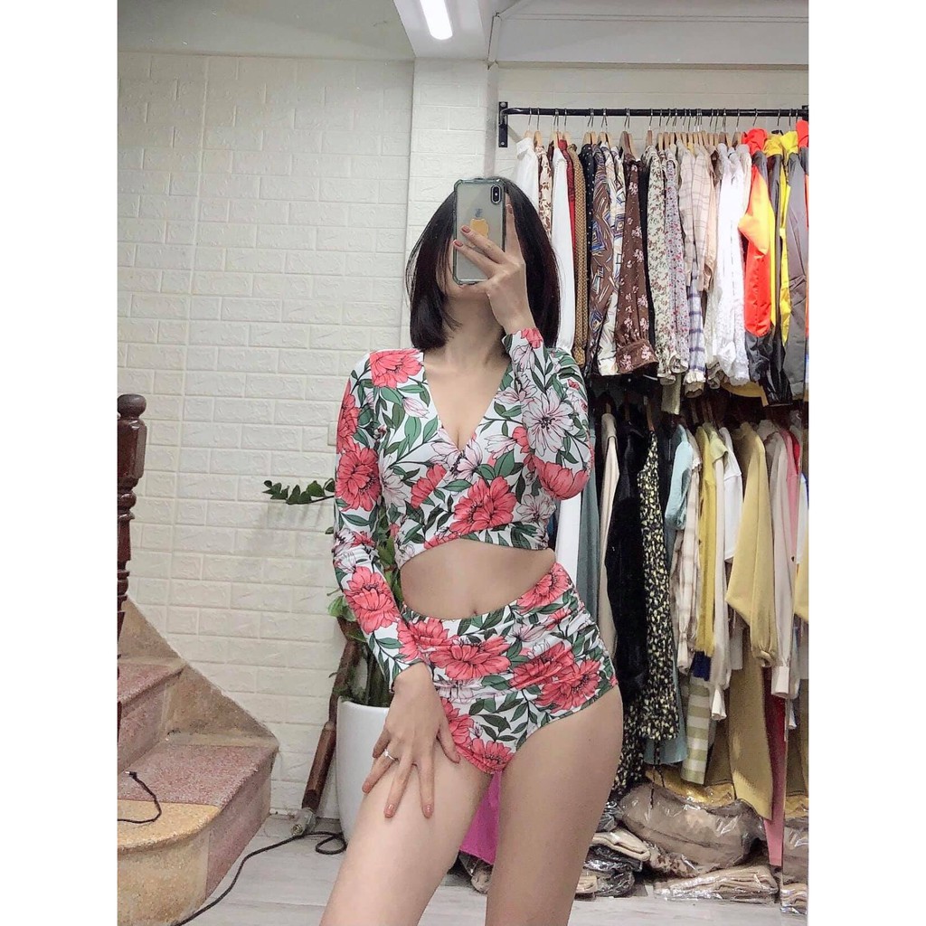 Bikini áo tắm 2 mảnh dài tay buộc dây lưng họa tiết (Ảnh thật) | BigBuy360 - bigbuy360.vn