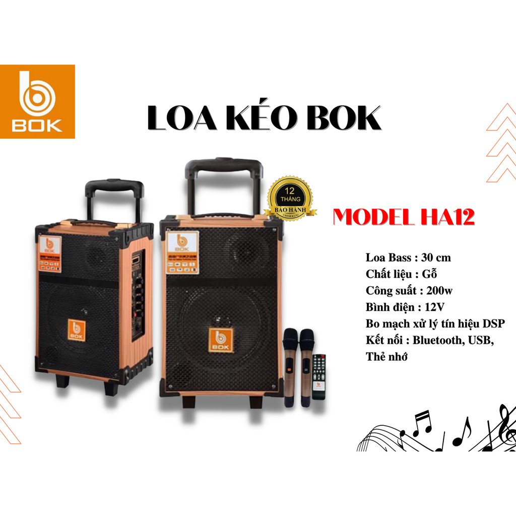 Loa kéo thùng gỗ hát karaoke, nghe nhạc, bass 3 tấc, bluetooth, chính hãng Bok Ha12