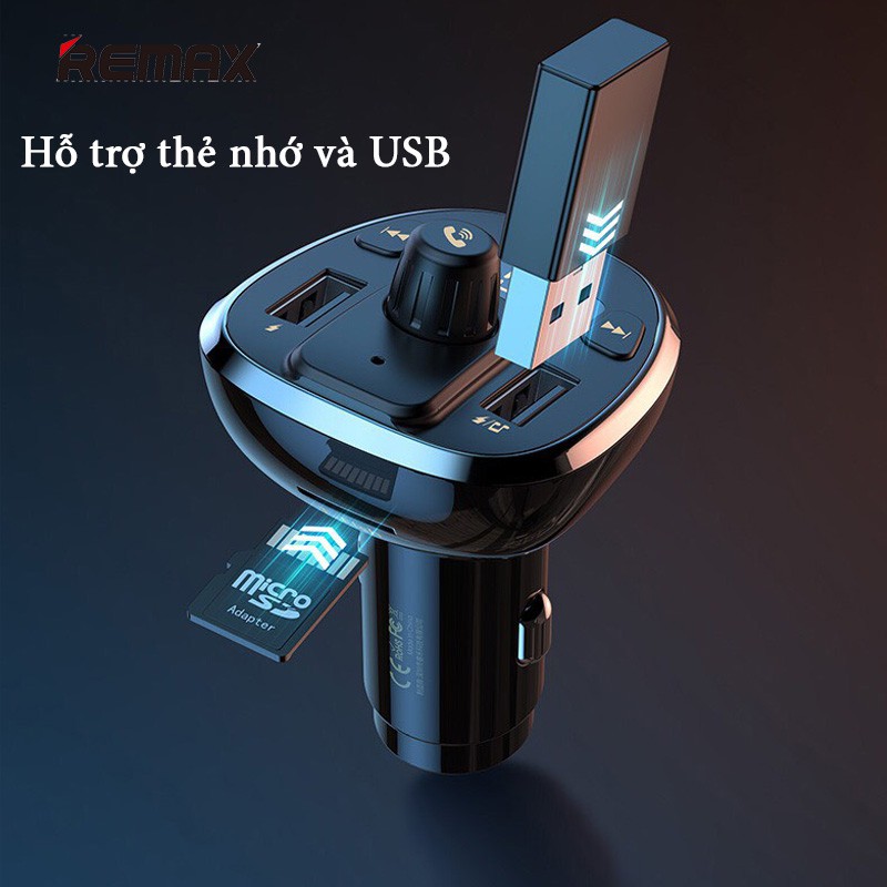 Tẩu sạc oto remax RCC109 2 cổng USB nàm hình led hỗ trợ bluetooth nhận cuộc gọi hỗ trợ nghe nhạc