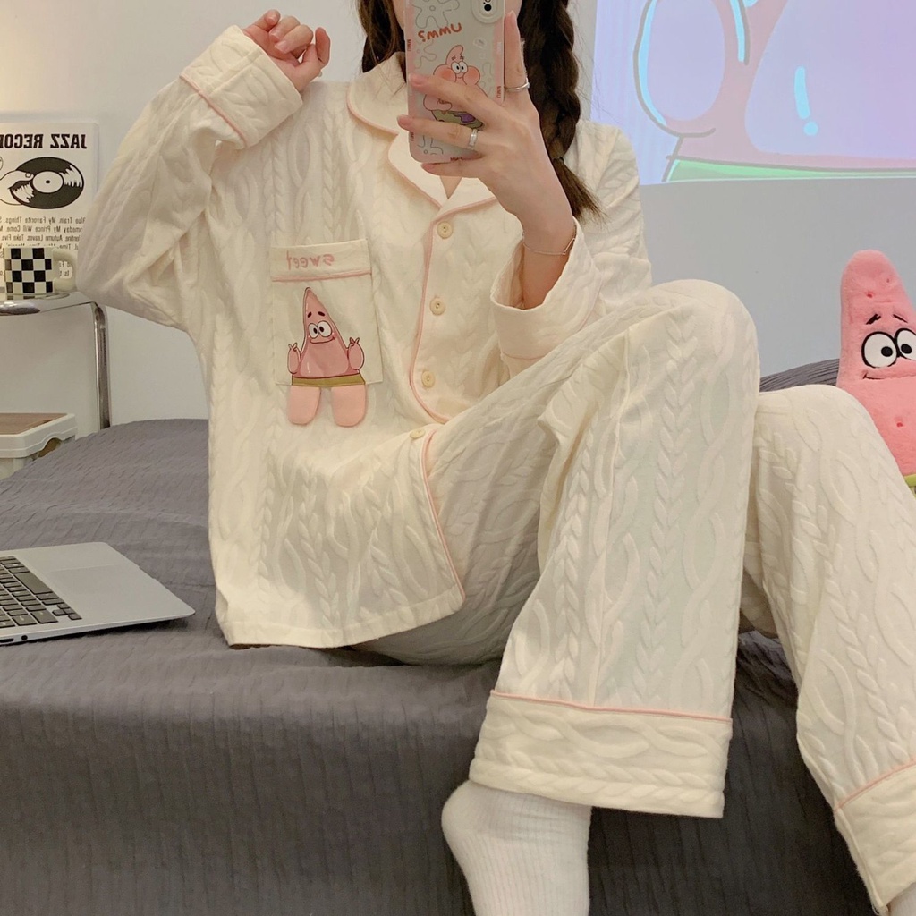 Bộ Đồ Ngủ Tay Dài Chất Cotton In Họa Tiết Dâu Tây / Gấu Dễ Thương Thời Trang Xuân Thu Cho Nữ