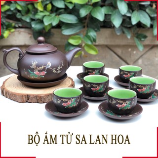 Ấm Chén Tử Sa Bát Tràng Họa Tiết Lan Hoa Màu Đen