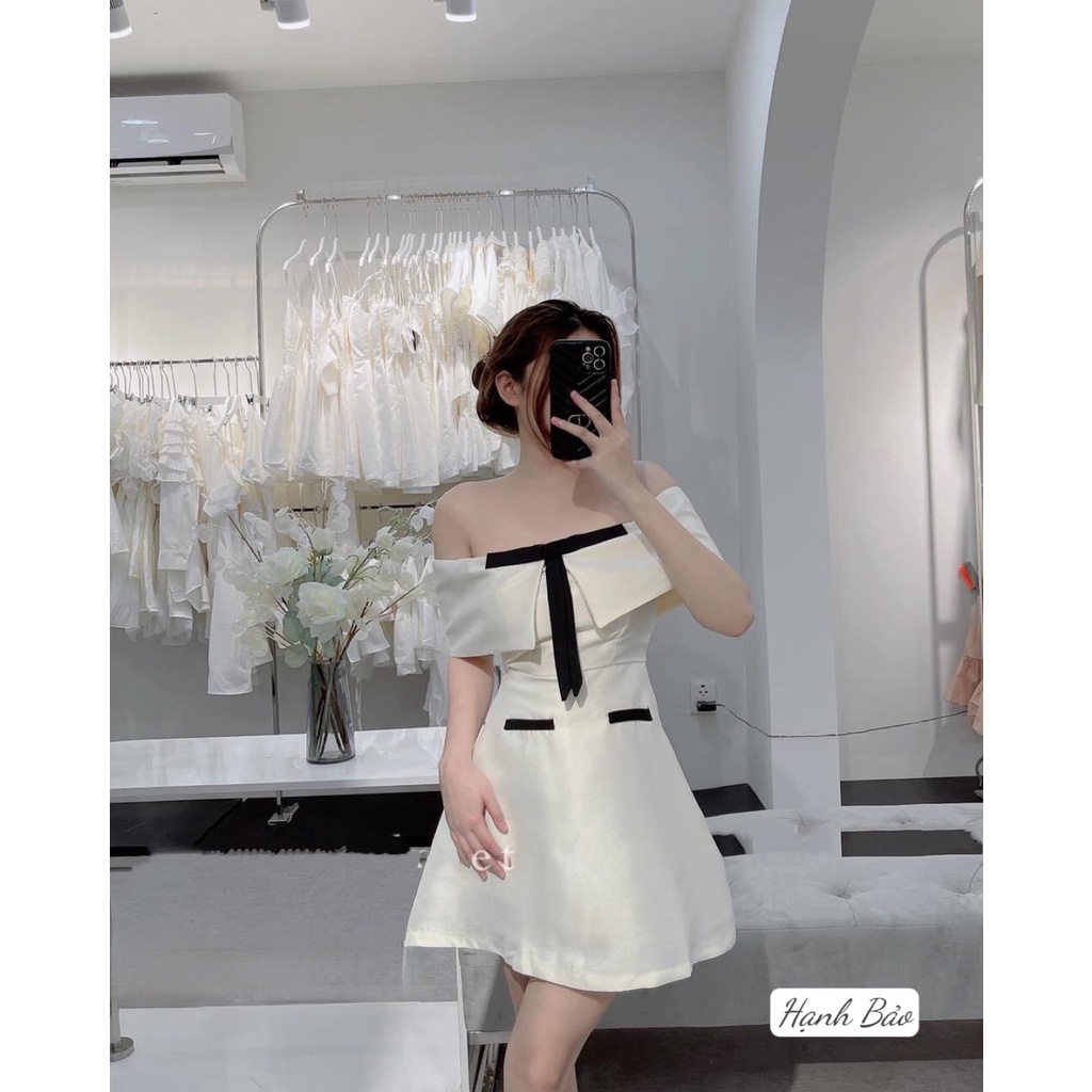 Váy tafta trễ vai nơ ngực 2 túi