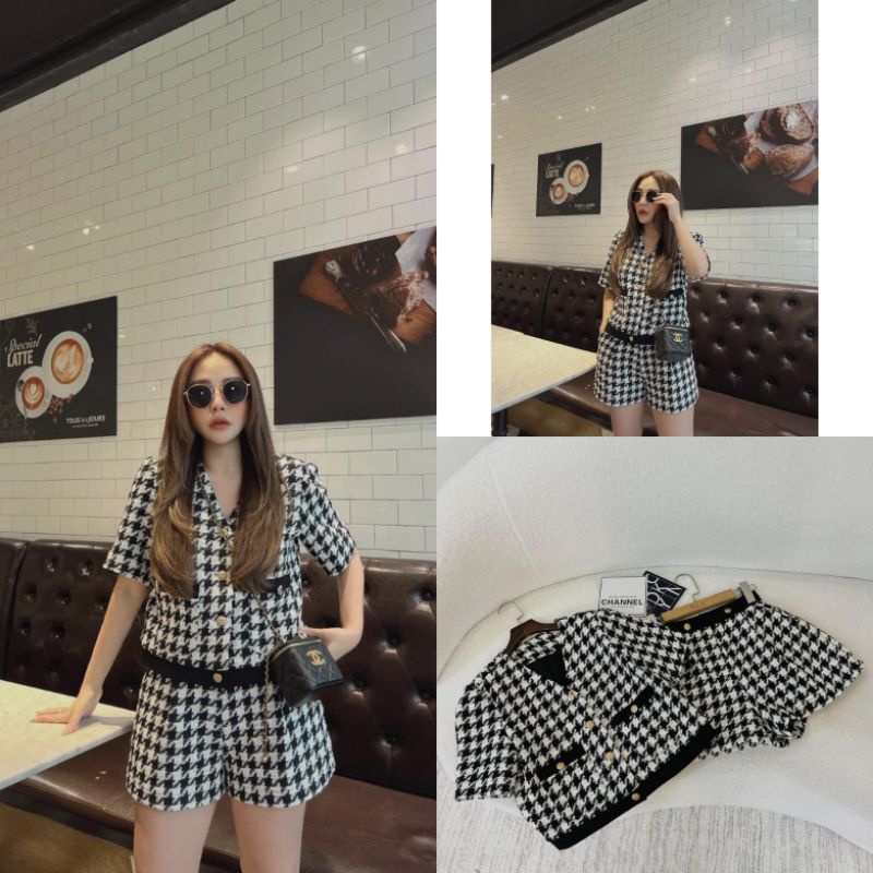 Set Dạ Nữ Ms.1736 Áo Dạ Dáng Ngắn Tay Lửng Phối Viền Kèm Quần Short Đính Cúc Đồng, Chất Dạ Hai Lớp
