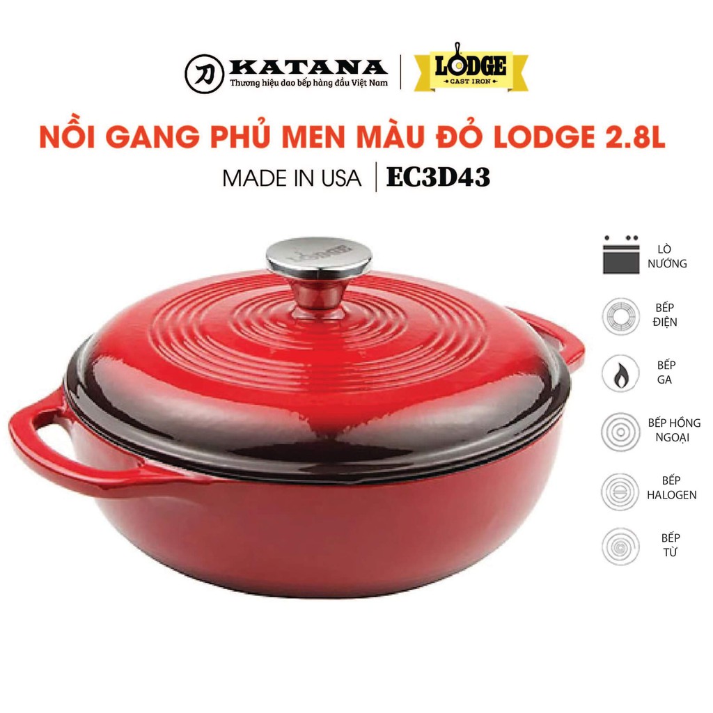 Lodge - Nồi gang phủ men màu đỏ - 2.8L