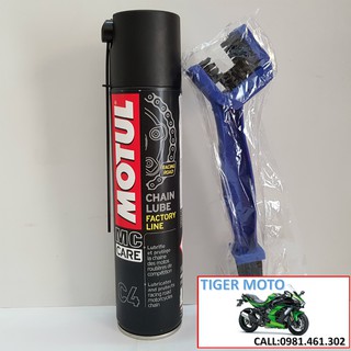 Combo Xịt Sên Xe Motul Chain Lube Factory Line C4 400ml và Bàn Chải Chà Sên Xe 3D