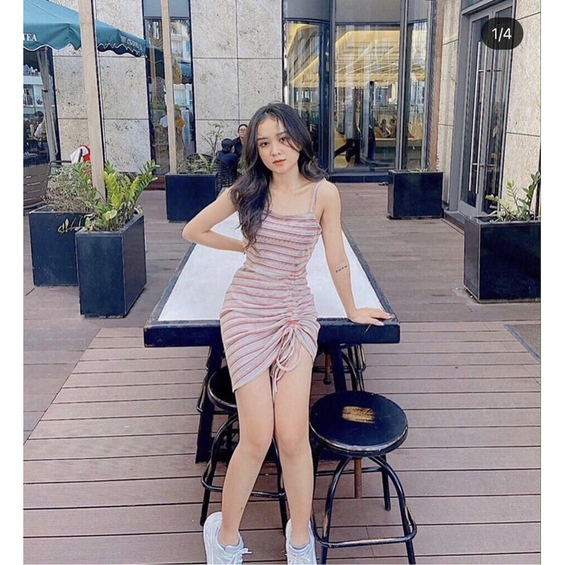 ĐẦM BOĐY RÚT ĐUÔI VÁY KẺ SỌC NGANG - RUMI DRESS