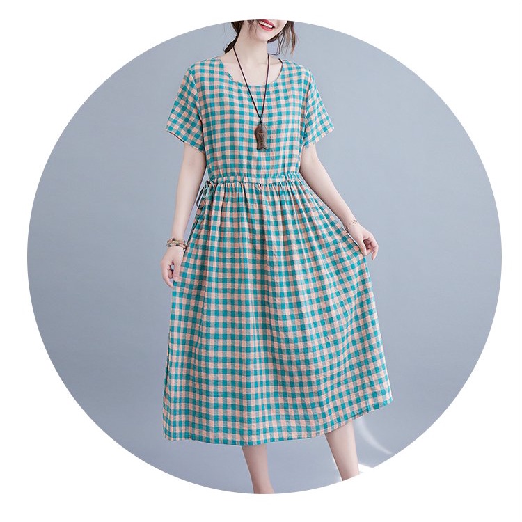 Váy đầm ulzzang suông vintage caro cổ tròn ngắn tay, dây eo tự chỉnh