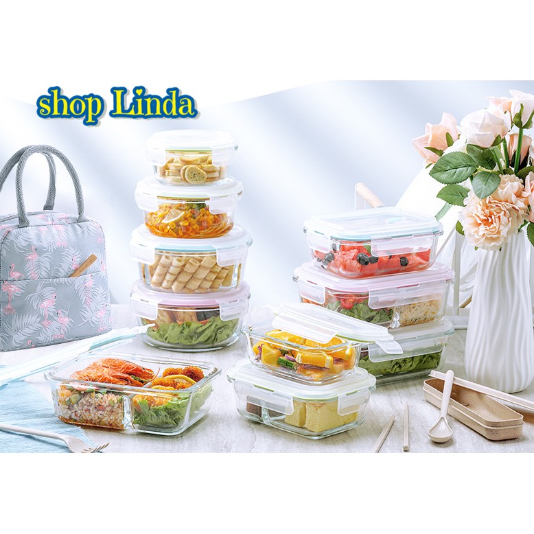 [Tặng túi+đũa thìa] Combo 2 Hộp Đựng Cơm Thủy Tinh Cao Cấp 1000ml 2 ngăn + 1 hộp tròn 660ml | BigBuy360 - bigbuy360.vn