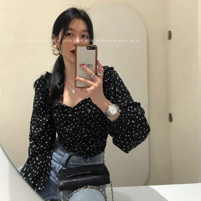 QADCOL   Áo Croptop Tay Dài Cổ Vuông In Họa Tiết Hoa Phong Cách Cổ Điển Thời Trang Cho Nữ