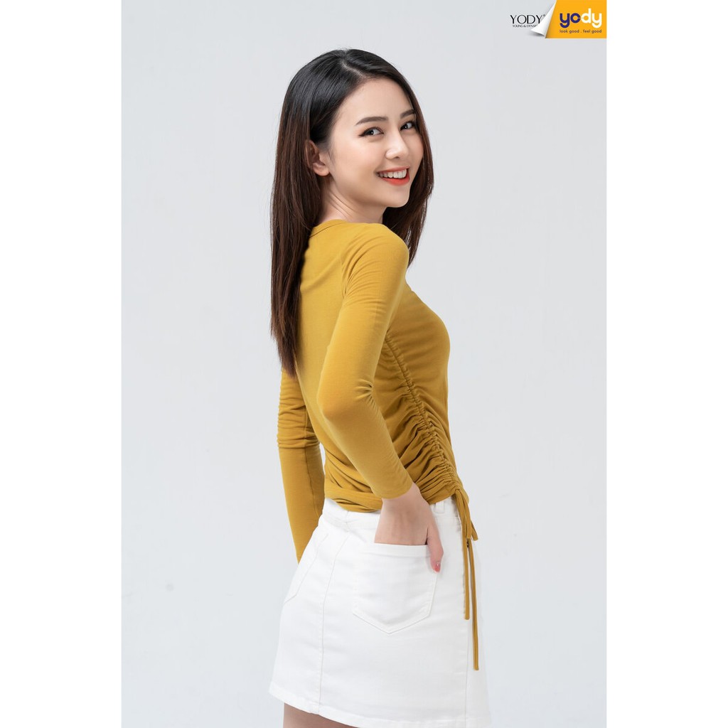 Áo thun nữ YODY dài tay cổ lệch rút sườn nịnh dáng ATN4340