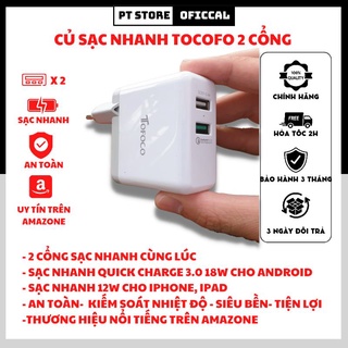 Củ sạc nhanh ( Adapter) 2 cổng UsB tiện lợi Tocofo hỗ trợ sạc nhanh Quick charge 3.0 18w cho android ip, ipad
