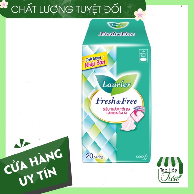 Băng Vệ Sinh Laurier Nhật Bản Fresh &amp; Free Siêu thấm Chống Tràn Siêu Mỏng Cánh- Dày Cánh - 20 Miếng/gói- 8M/gói