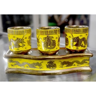 Án ba-bộ 3 ly nước thờ cúng rồng vàng 3d