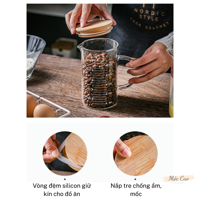 Cốc thủy tinh chia vạch, ly thủy tinh chia vạch kèm nắp gỗ chịu sốc nhiệt, tiện dụng trong gia đình | BigBuy360 - bigbuy360.vn