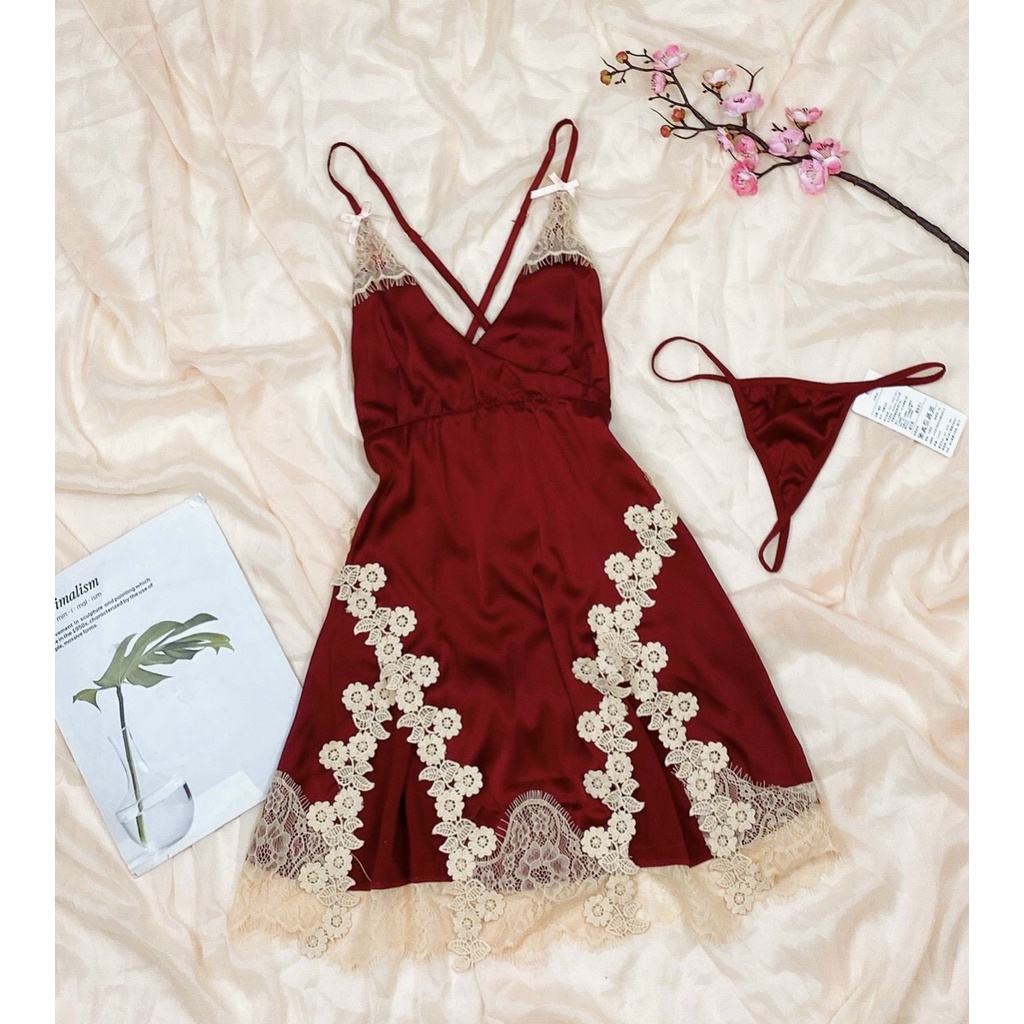 Đầm Ngủ Phi Phối Ren Vạc Chéo sexy Tặng kèm quần lót Mã 005 Minhduongct