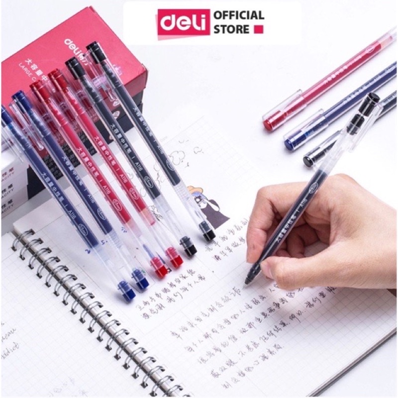Bút gel mực nước A116 văn phòng 0.5mm Deli màu xanh đen đỏ nhanh khô viết đều trơn tru lâu hết mực chất lượng