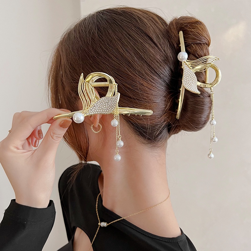 Kẹp Tóc Hình Đuôi Cá Đính Ngọc Trai Giả Bằng Kim Loại Thời Trang Hàn Quốc