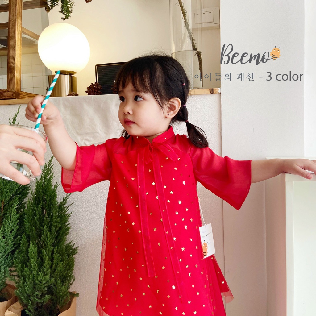 Set bộ áo dài Beemo chất lụa mềm mại kèm ren lưới họa tiết sao lấp lánh cho bé gái từ 1 đến 6 tuổi - 21D059