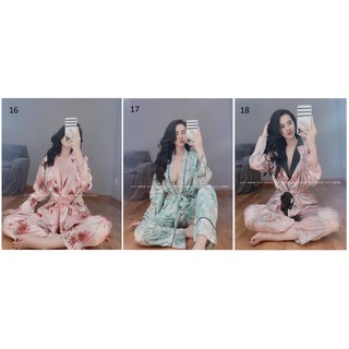 [XÃ KHO] Đồ Bộ Lụa Satin - Tay Dài Phối Hoa Ren