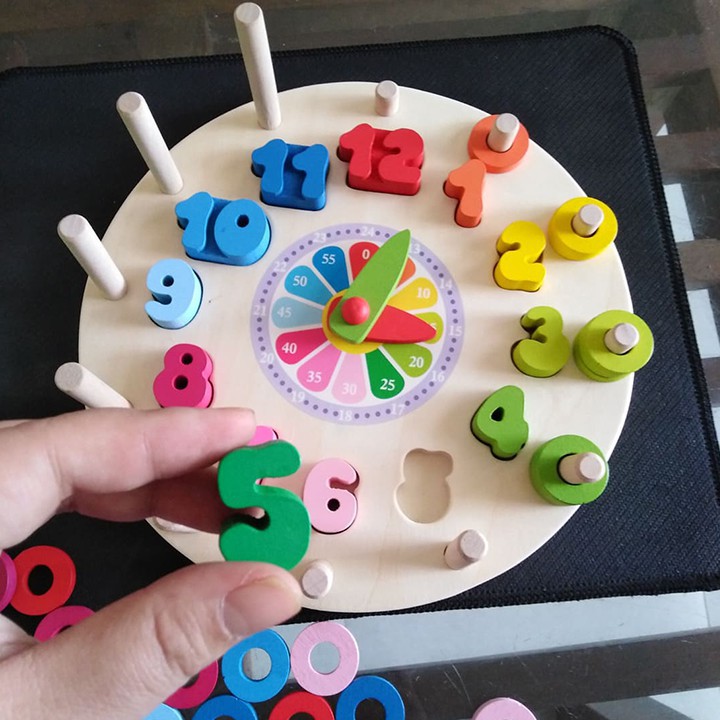 Đồng hồ gỗ kèm cột tính đa năng - đồ chơi gỗ thông minh cho bé vừa học xem giờ vừa học đếm màu sắc