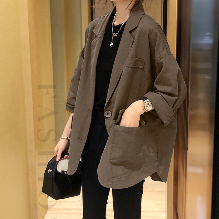 Áo khoác blazer kaki nữ form rộng trẻ trung, thời trang phong cách Hàn - Xanh than