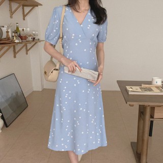Đầm midi dài voan hoa retro dự tiệc giấu bụng tay phồng ngắn tay cổ tim tiểu thư ulzzang hàn quốc đầm midi pháp