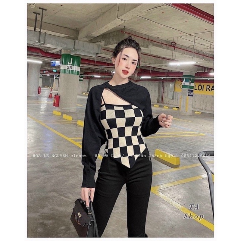 Set 2 áo gồm áo hai dây kẻ caro áo khoác len tay dài màu trơn hợp thời trang cho nữ | BigBuy360 - bigbuy360.vn