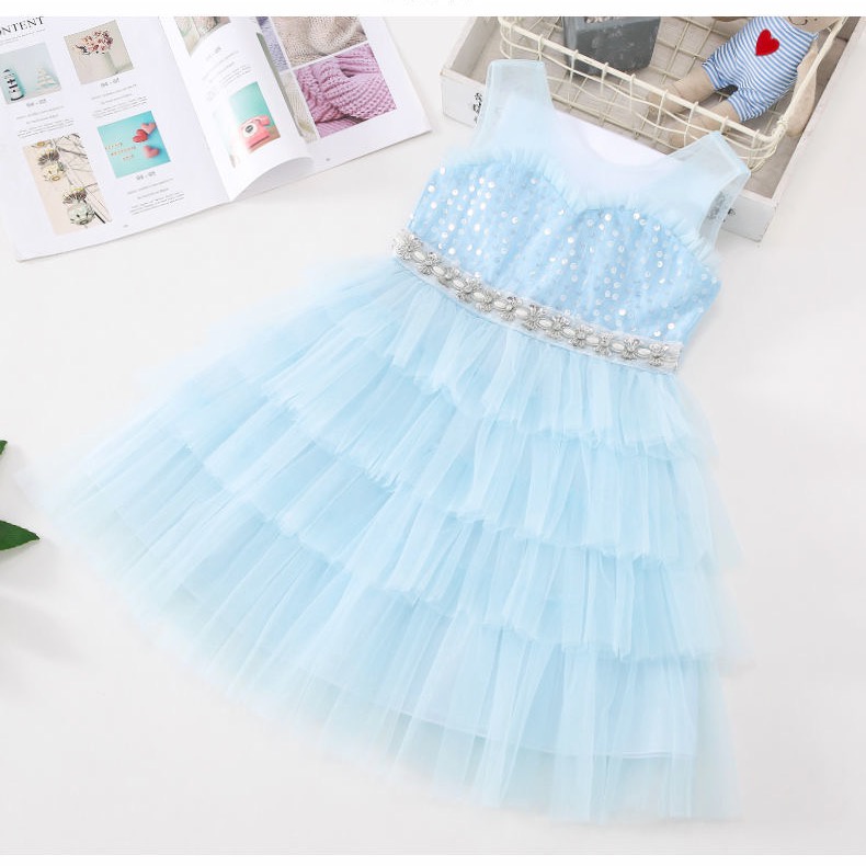 Váy ren xoè màu xanh phối lưới sát nách nhiều tầng cho bé gái  N01171