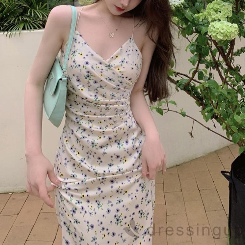 DRE-Female Summer Dress, Floral Print V-Neck Sleeveless Spaghetti Strap Ruched Dress, S/M/L