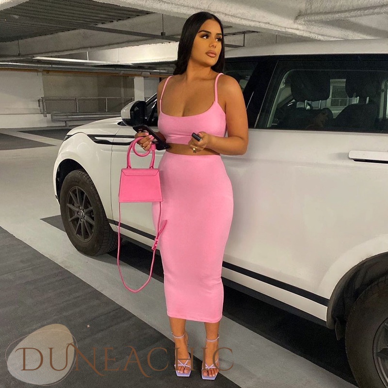 DUNEA Set Áo Trễ Vai + Chân Váy Dài Màu Sắc Thời Trang Dành Cho Nữ