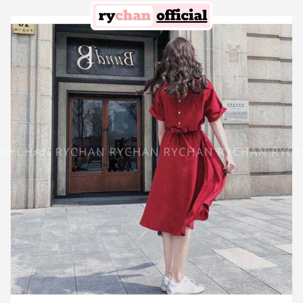 DX571 - Đầm Xòe Maxi Nhún Eo Phối Nút Sau Màu Đỏ [ẢNH THẬT CUỐI]