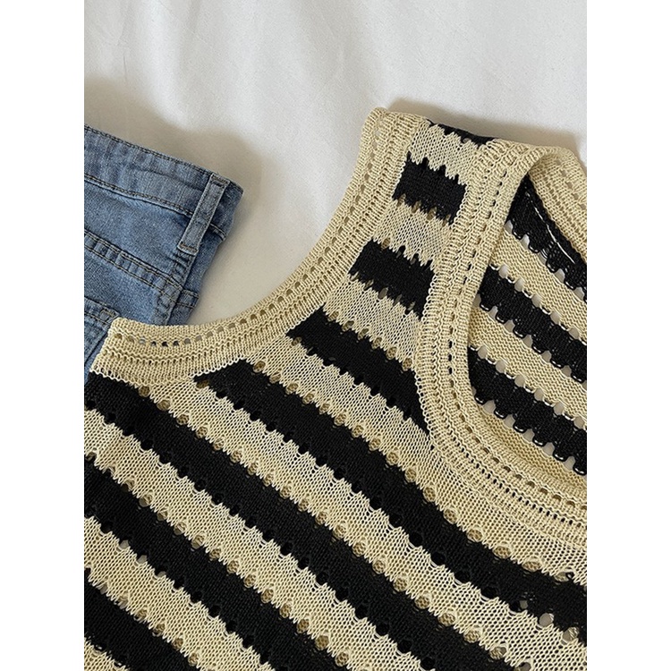 NUZIRO  Áo croptop  dệt kim không tay họa tiết kẻ sọc thời trang dành cho nữ