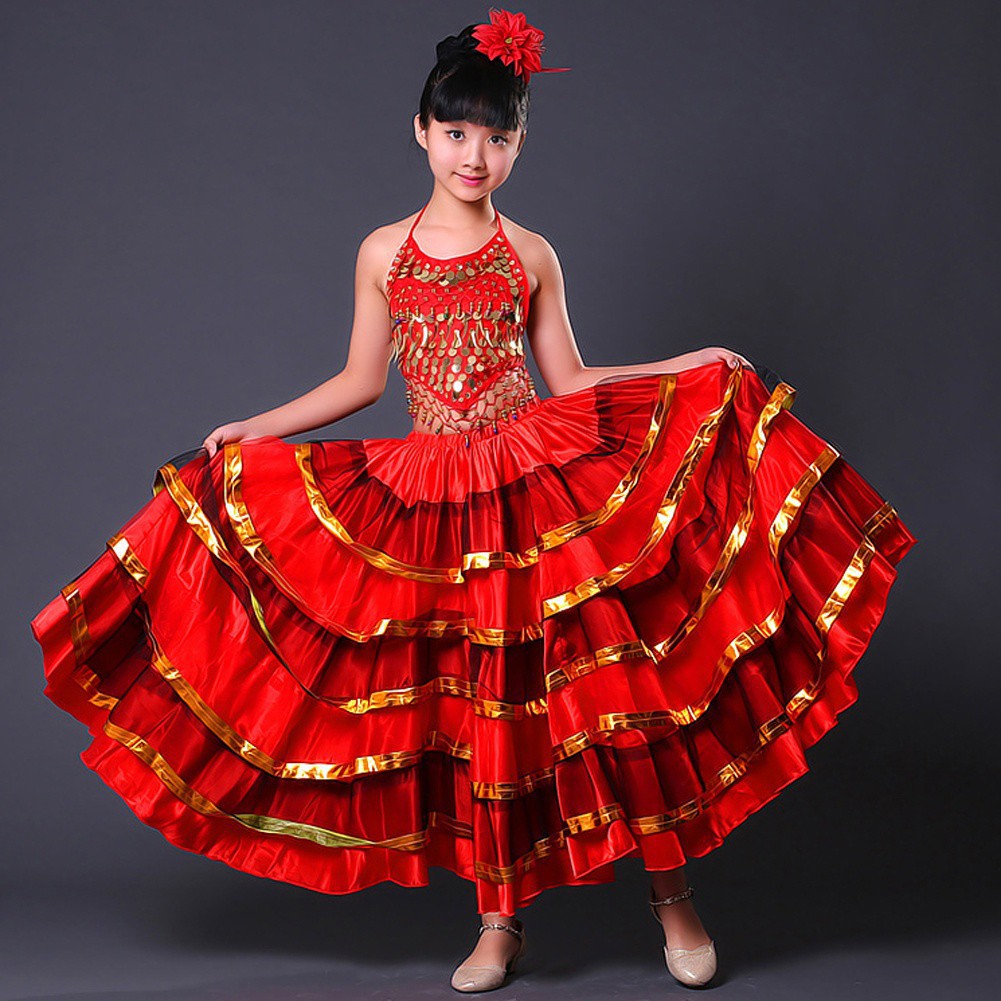 Bộ Trang Phục Múa Bụng 3 Món Màu Đỏ Xinh Xắn Kiểu Tây Ban Nha Cho Bé Gái