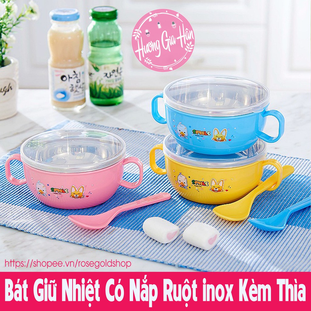 Bát Giữ Nhiệt Có Nắp Ruột Inox Kèm Thìa Chống Vỡ Cho Bé Ăn Dặm