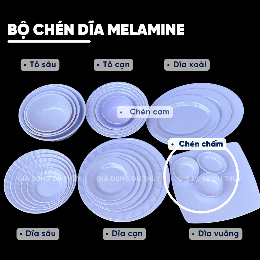 Dĩa chấm, chén nước mắm nhựa melamine nhựa phíp hình tròn, hình oval, màu trắng, vàng, xanh, hoa văn màu đỏ màu xanh