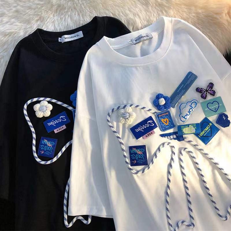 Áo Thun Tay Ngắn Dáng Rộng Phối Nơ Phong Cách Mỹ Thời Trang Cho Nam Và Nữ