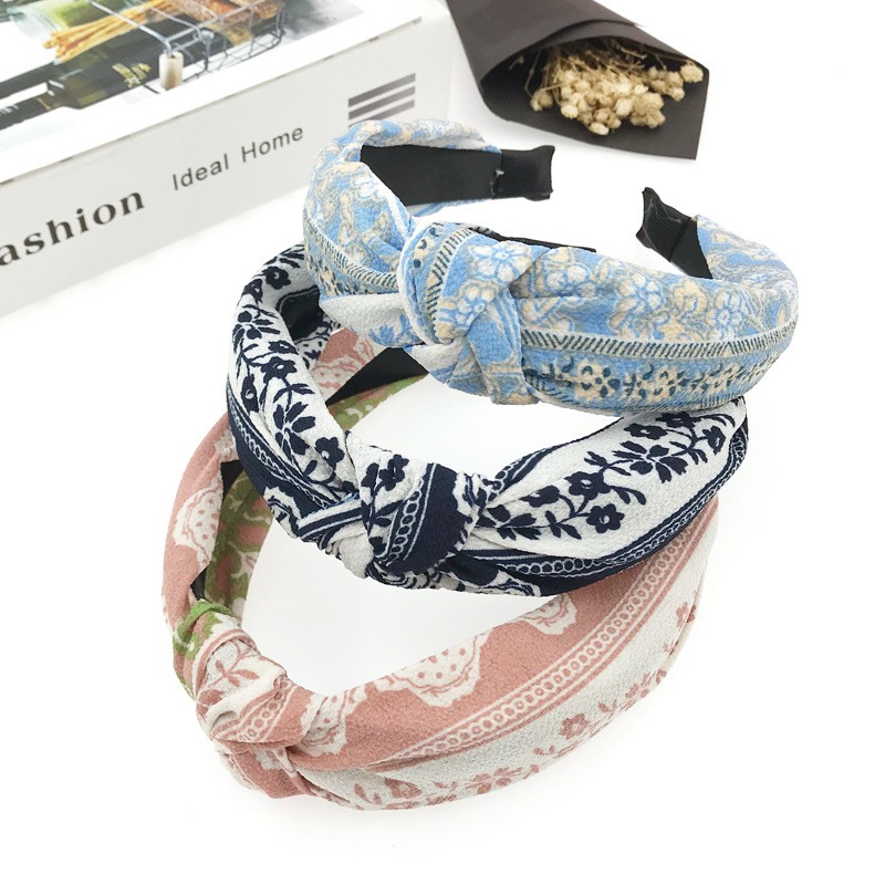 Băng Đô Vải Thắt Nơ In Họa Tiết Phong Cách Retro Nhật Hàn Sáng Tạo Cho Nữ