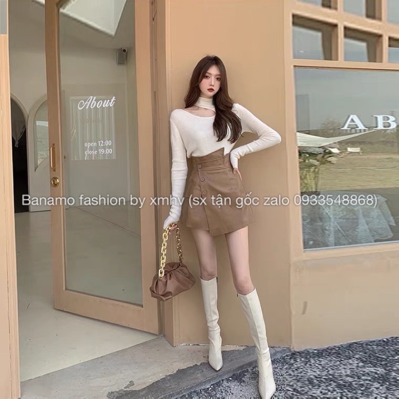 Chân váy cạp cao vải nhung tăm độc lạ 3 khuy tôn dáng BANAMO FASHION 551 | BigBuy360 - bigbuy360.vn