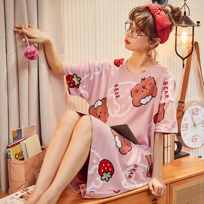 Váy Nữ, Đầm Ngủ Cộc Tay sexy, Đầm Ngủ Suông Chất Cotton Mềm Mát Mặc Nhà Dễ Thương_VN33