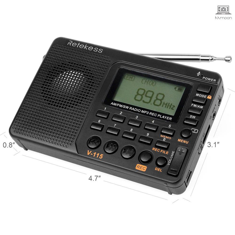 Retekess V-115 FM/AM/SW Radio Multiband Radio Receiver REC Recorder Bass Sound MP3 Player Speakers with Sleep Timer Black