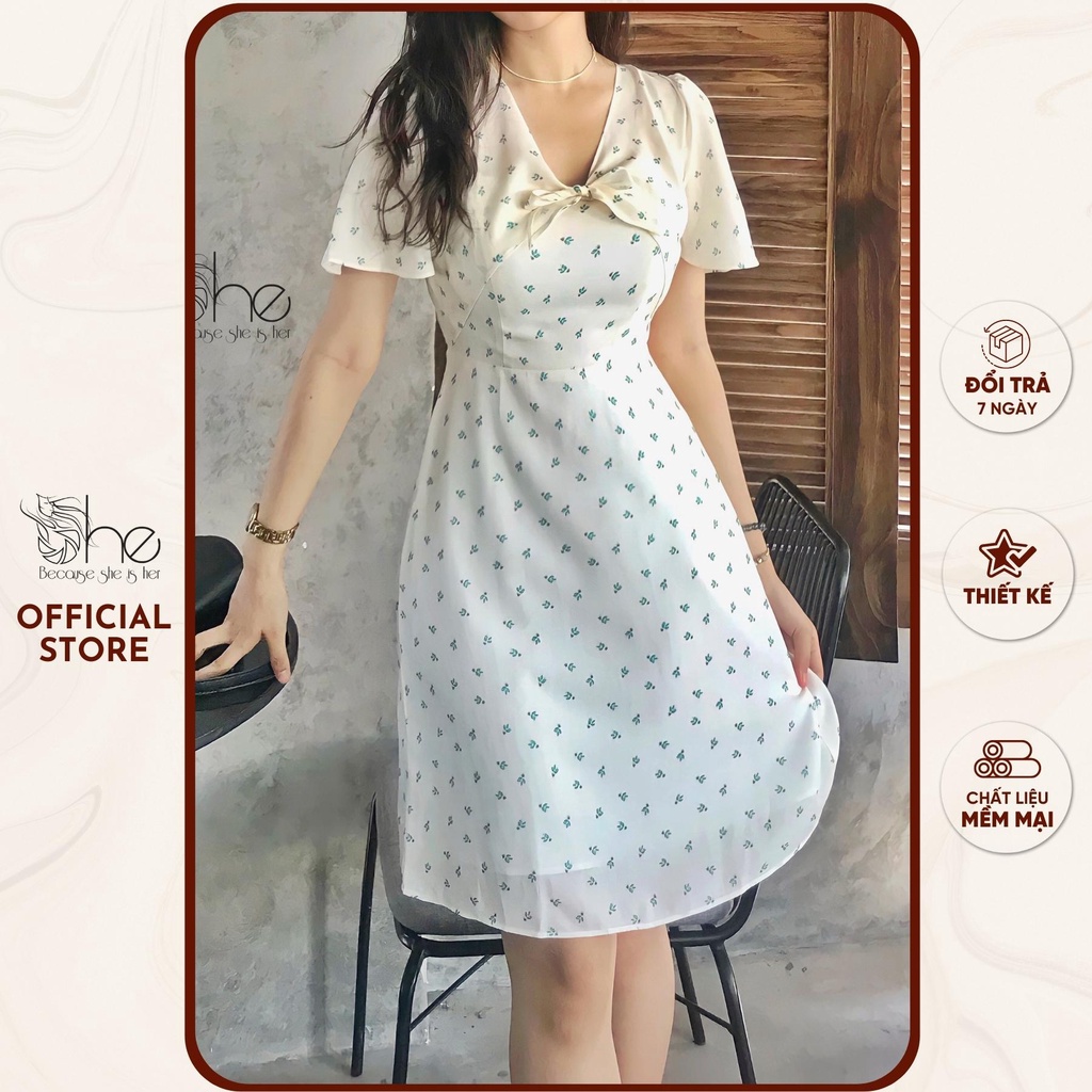 Đầm nữ thắt nơ hoa nhí xinh She, váy hoa thiết kế dáng chữ A dễ thương SDX115