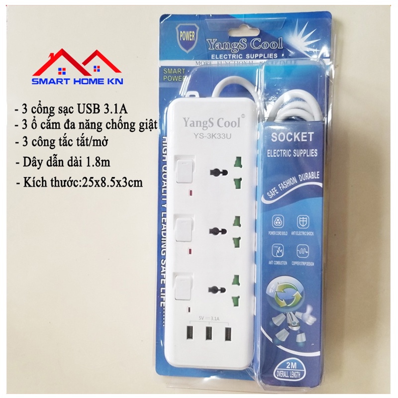 ổ cắm điện đa năng 3 chấu thông minh có cổng usb sạc nhanh điện thoại chịu tải 2500w an toàn chống cháy chống giật