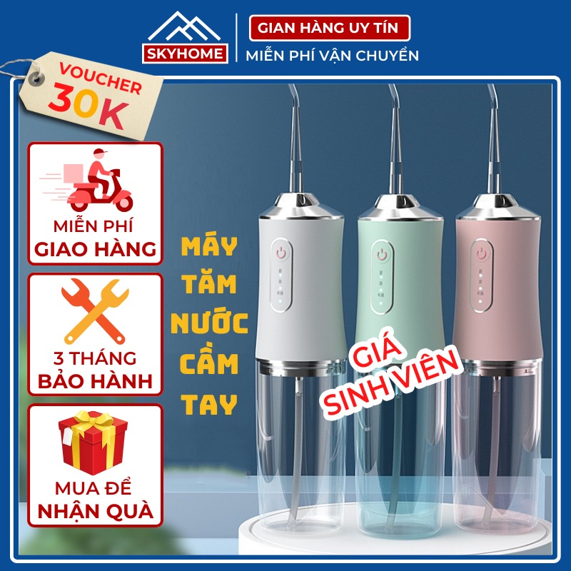 Máy tăm nước cầm tay xịt kẽ răng 2 chiều oral irrigator mini SKYHOME, bàn chải tăm nước du lịch vệ sinh răng 4 đầu tăm
