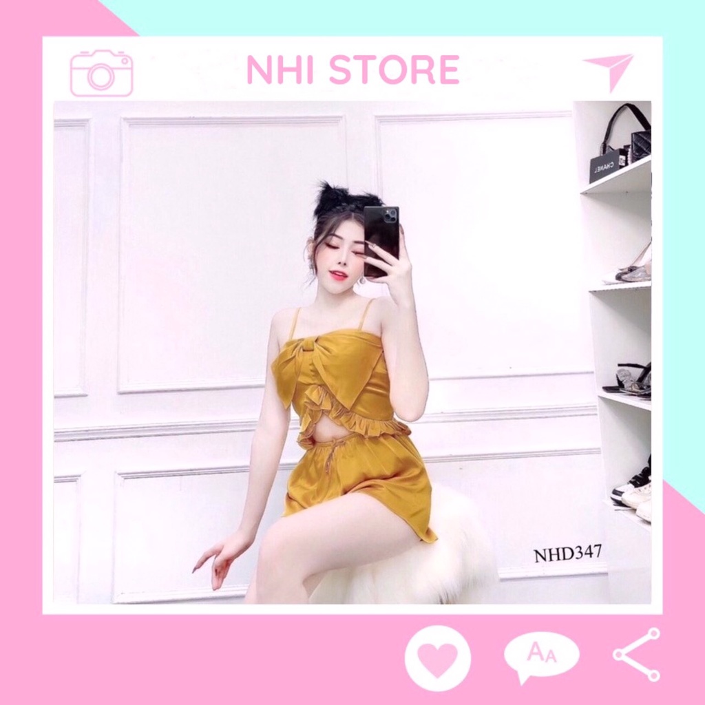 Bộ Kiểu Mặc Nhà Nhistore Áo Croptop 2 Dây Nơ Ngực Dún Thun Quần Ngắn Dễ Thương Freesize Dưới 57kg