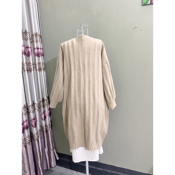 Áo khoác len thừng cardigan dáng dài màu kem
