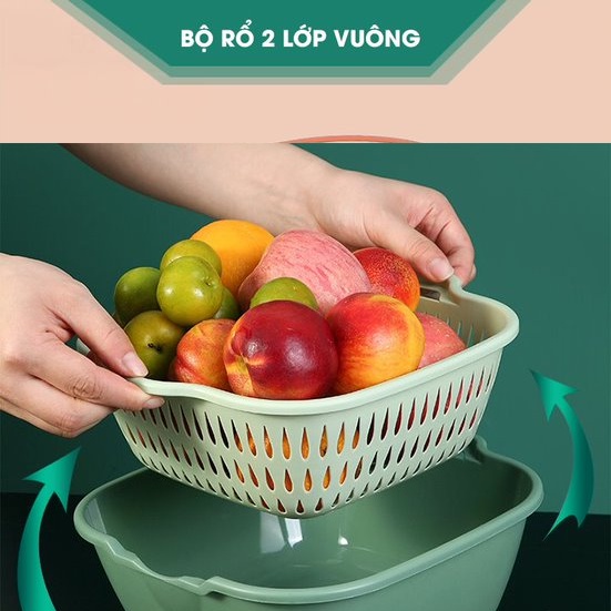 Bộ rổ vuông 2 lớp Việt Nhật (MS:3288/3289/3290) - Bộ rổ kèm chậu hứng nước rửa rau củ đựng hoa quả trái cây Br 01542 | BigBuy360 - bigbuy360.vn