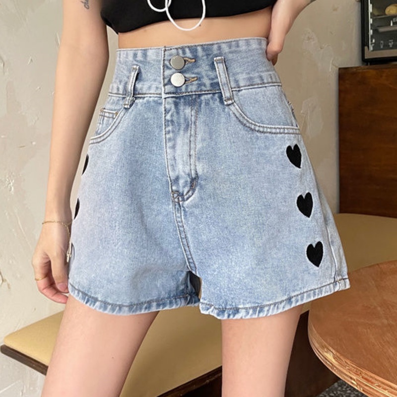 Quần Short Denim Ống Rộng Lưng Cao Thêu Hình Trái Tim Thời Trang Cho Nữ